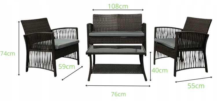 Zestaw mebli ogrodowych z technorattanu Patio Luxe - wymiary