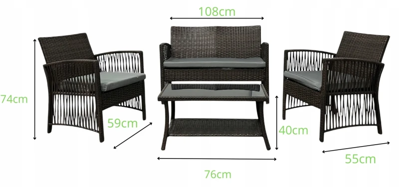 Zestaw mebli ogrodowych z technorattanu Patio Luxe - wymiary