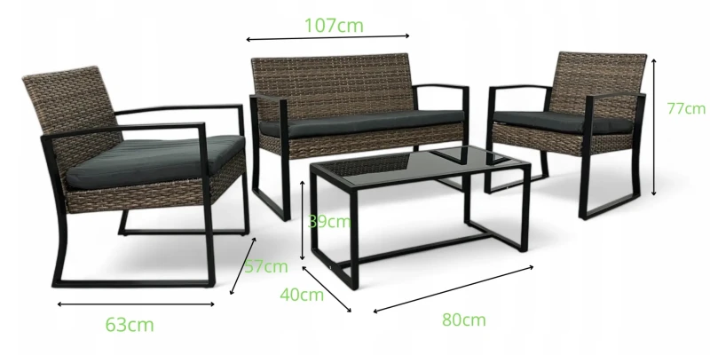 Zestaw mebli ogrodowych z technorattanu Palma - wymiary