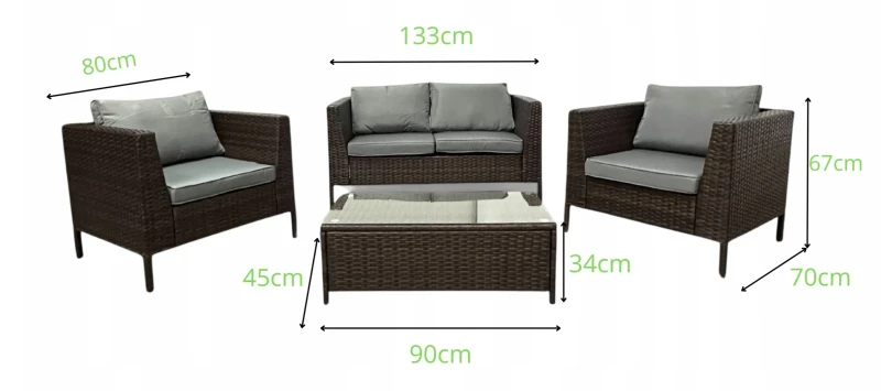 Zestaw mebli ogrodowych z technorattanu Botanica - wymiary