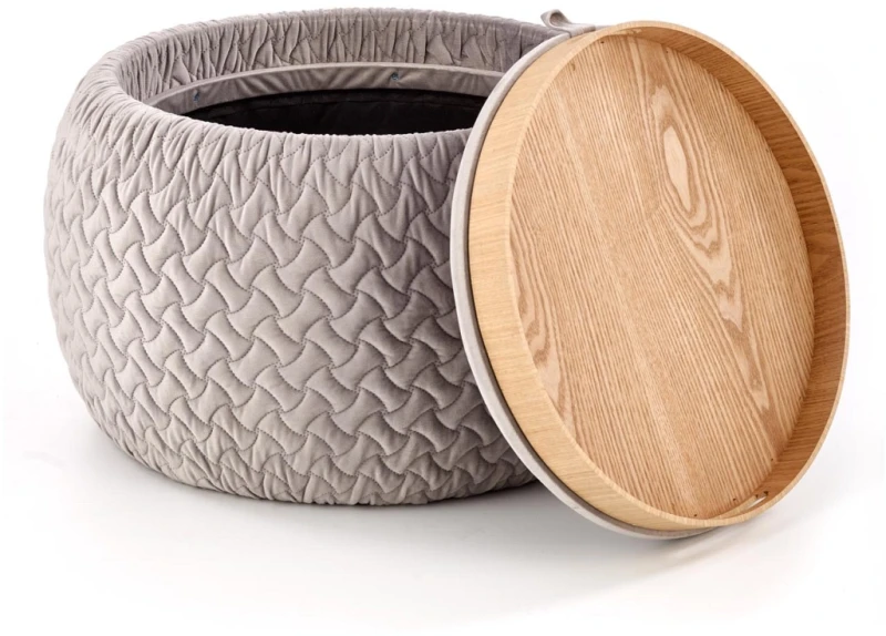 Pufa tapicerowana Bono okrągła ze schowkiem do salonu 54 cm jasny popiel