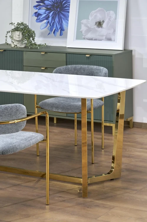 Stół prostokątny Clemente w stylu glamour do jadalni 160 cm biały marmur/złoty