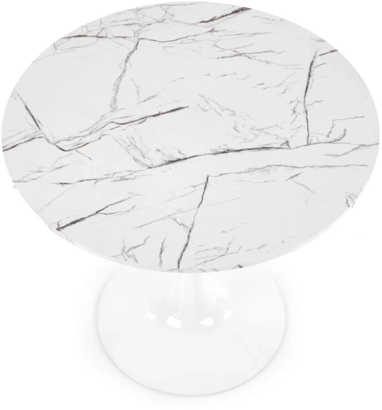 Stół okrągły Denver na jednej nodze do jadalni 80 cm biały marmur