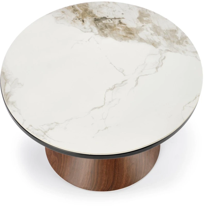 Stolik kawowy Genesis okrągły do salonu 70 cm biały marmur/orzechowy