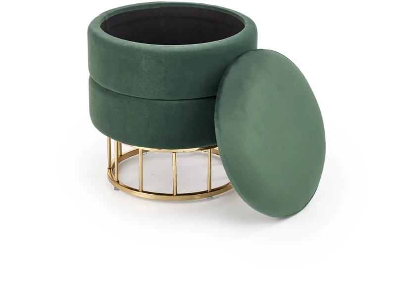 Pufa tapicerowana Minty ze schowkiem okrągła do przedpokoju ciemny zielony/złoty