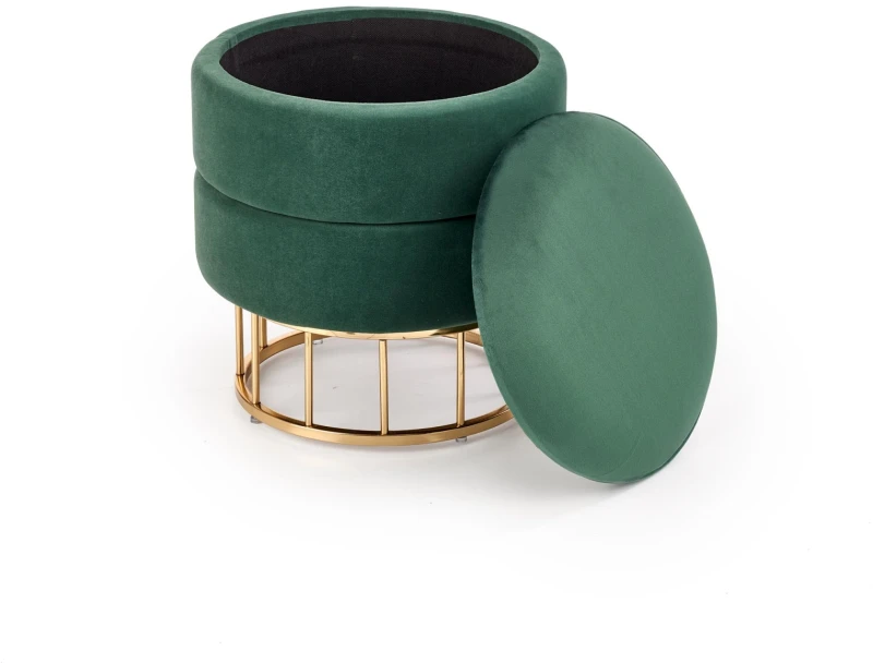 Pufa tapicerowana Minty ze schowkiem okrągła do przedpokoju ciemny zielony/złoty