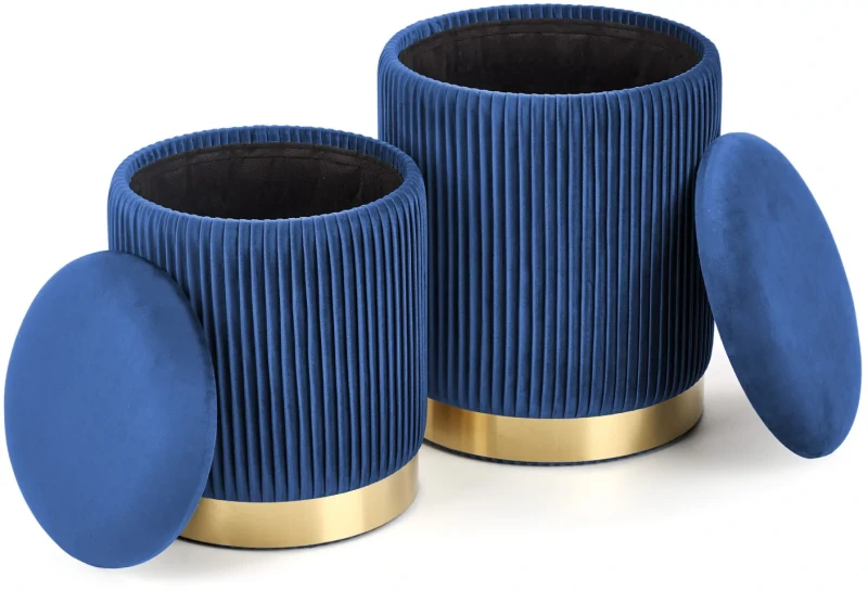 Zestaw 2 puf Monty okrągłe ze schowkiem w stylu glamour do salonu granatowy