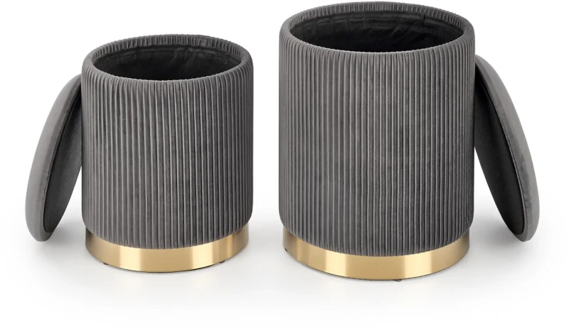 Zestaw 2 puf Monty okrągłe ze schowkiem w stylu glamour do salonu popielaty