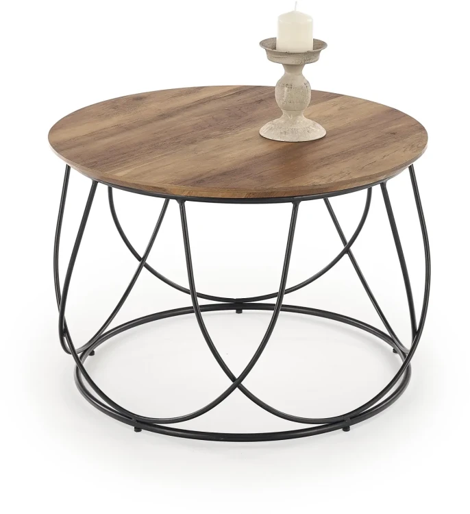 Stolik kawowy Nubira okrągły loft metalowy do salonu 60 cm czarny/orzechowy