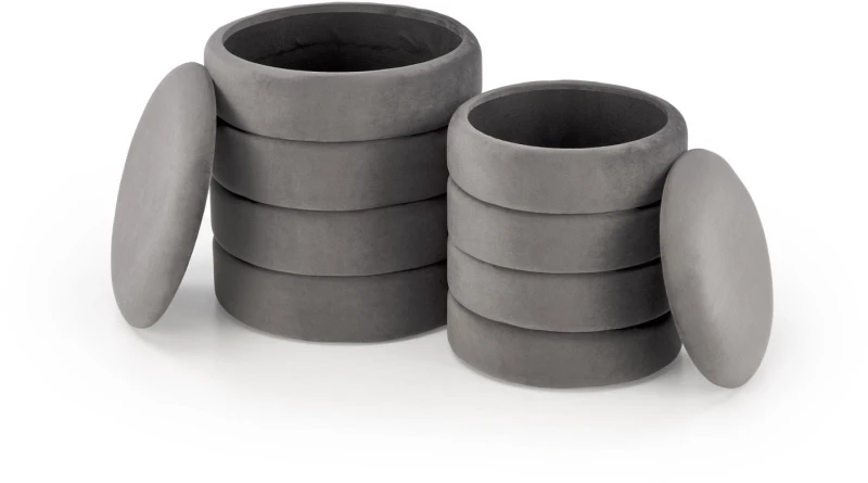 Zestaw 2 puf Pacho z pojemnikiem okrągłe welurowe do salonu popielaty