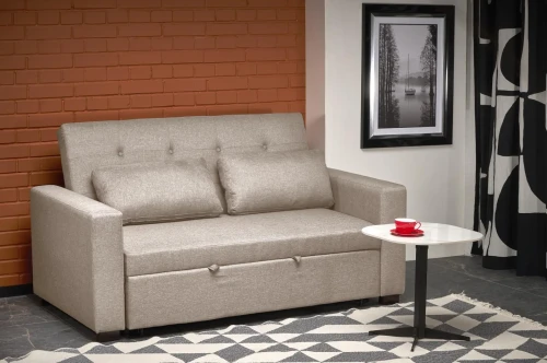 Sofa rozkładana Paulinio tapicerowana 2-osobowa z poduszkami do salonu beżowy