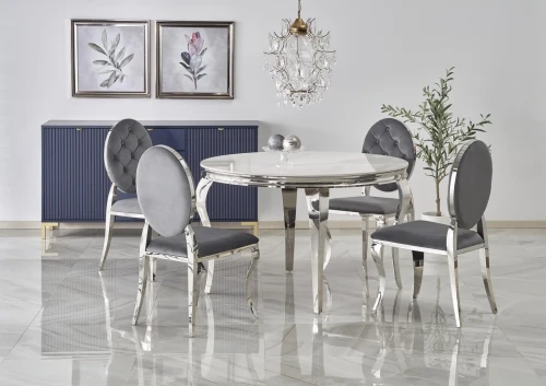 Stół okrągły Reginald glamour elegancki do jadalni 120 cm biały marmur/srebrny