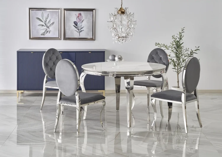 Stół okrągły Reginald glamour elegancki do jadalni 120 cm biały marmur/srebrny