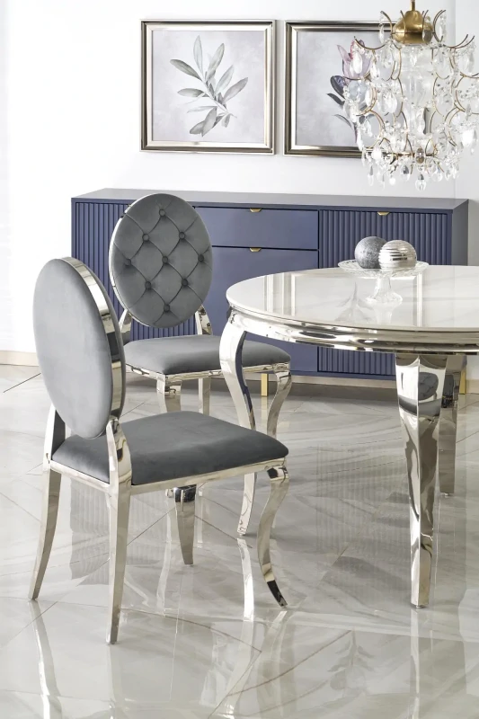 Stół okrągły Reginald glamour elegancki do jadalni 120 cm biały marmur/srebrny