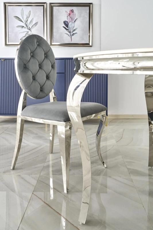 Stół okrągły Reginald glamour elegancki do jadalni 120 cm biały marmur/srebrny