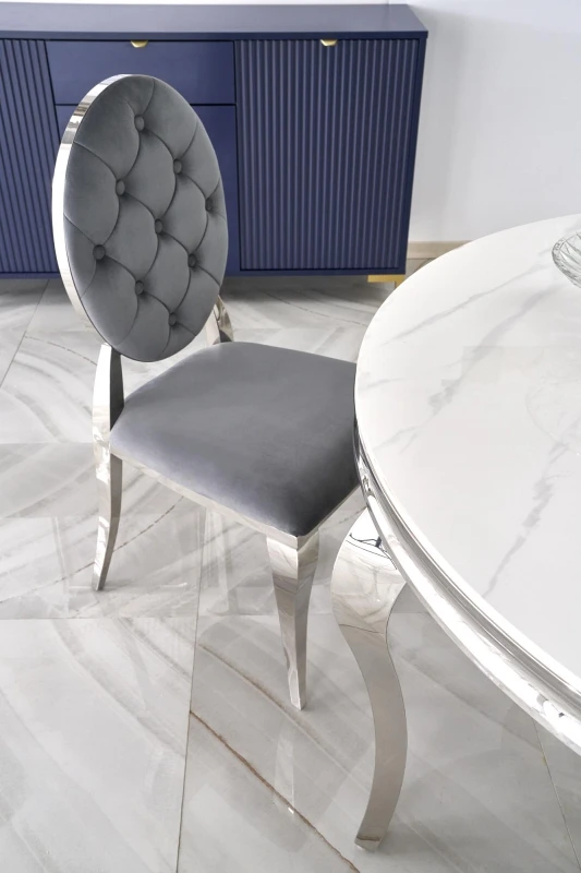 Stół okrągły Reginald glamour elegancki do jadalni 120 cm biały marmur/srebrny
