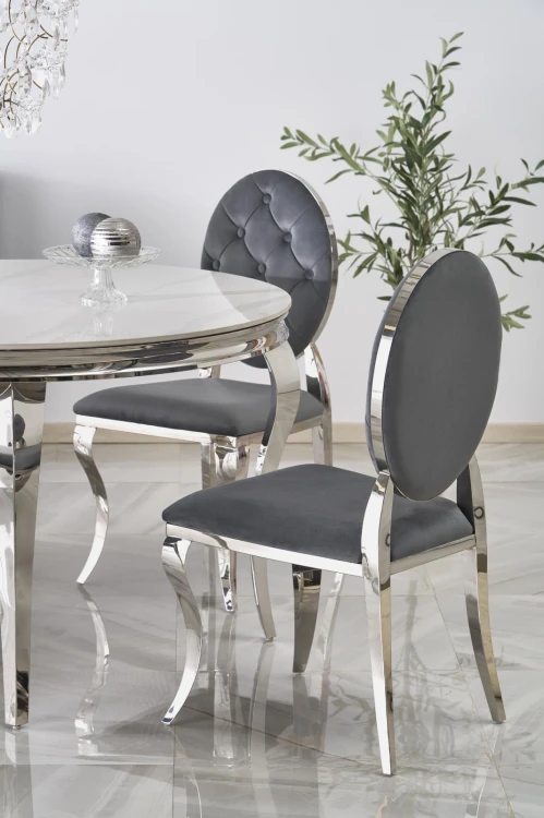 Stół okrągły Reginald glamour elegancki do jadalni 120 cm biały marmur/srebrny