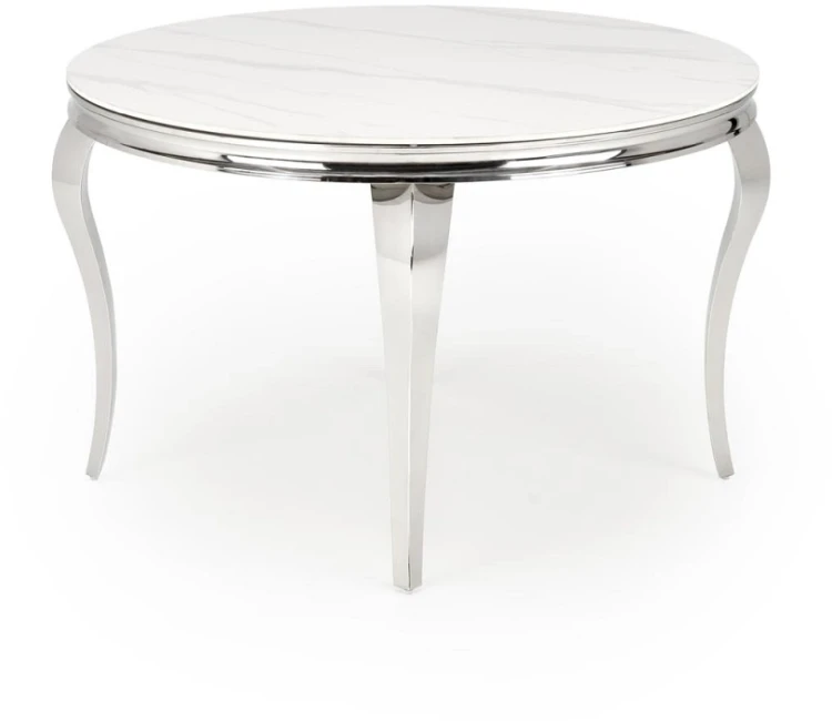 Stół okrągły Reginald glamour elegancki do jadalni 120 cm biały marmur/srebrny