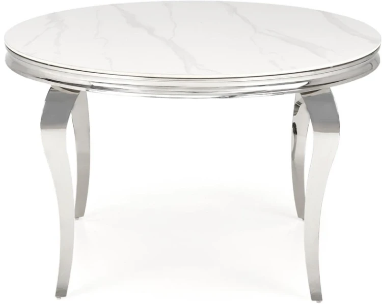 Stół okrągły Reginald glamour elegancki do jadalni 120 cm biały marmur/srebrny