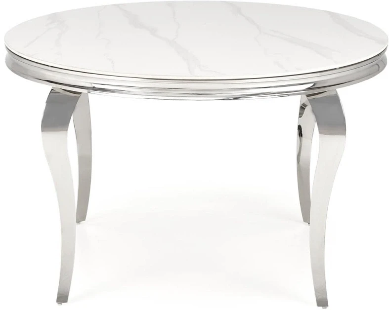 Stół okrągły Reginald glamour elegancki do jadalni 120 cm biały marmur/srebrny