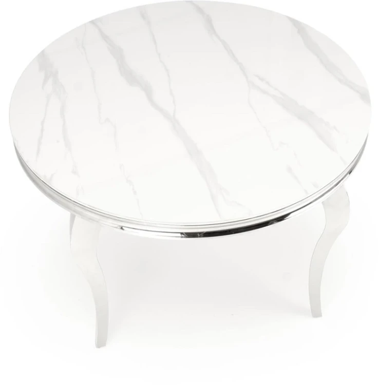 Stół okrągły Reginald glamour elegancki do jadalni 120 cm biały marmur/srebrny