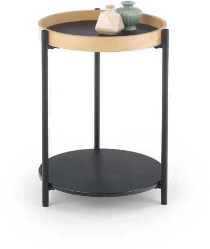 Stolik pomocniczy Rolo z półką okrągły do salonu 44 cm czarny/dąb naturalny