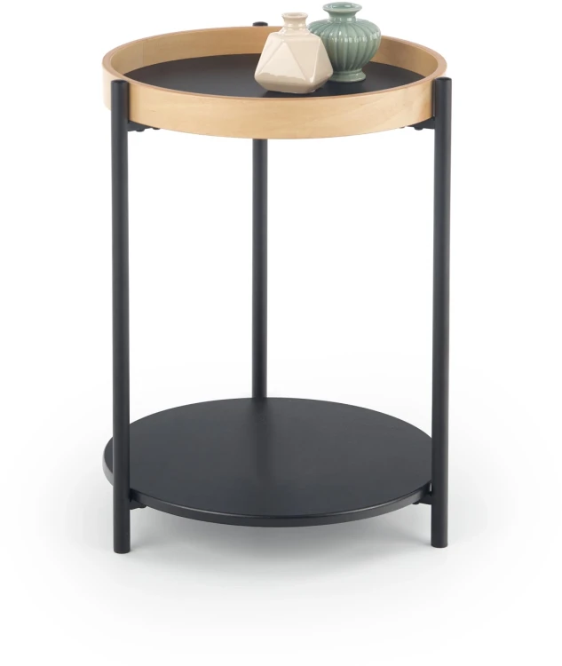 Stolik pomocniczy Rolo z półką okrągły do salonu 44 cm czarny/dąb naturalny