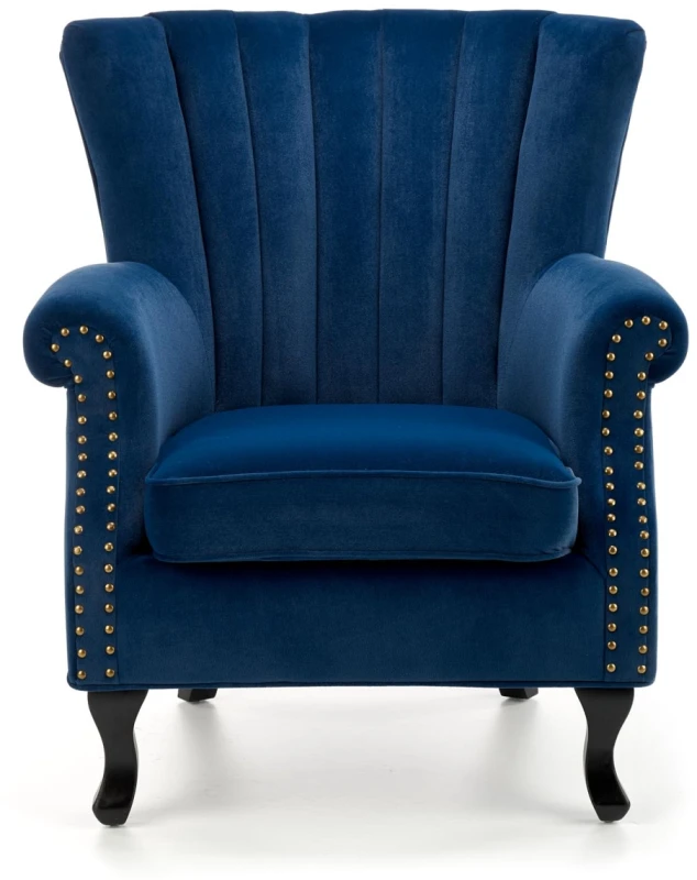 Fotel tapicerowany Titan welurowy na drewnianych nogach do salonu granatowy