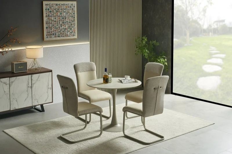 Stół okrągły Tolio tulipan na jednej nodze do jadalni 90 cm trawertyn/kaszmir