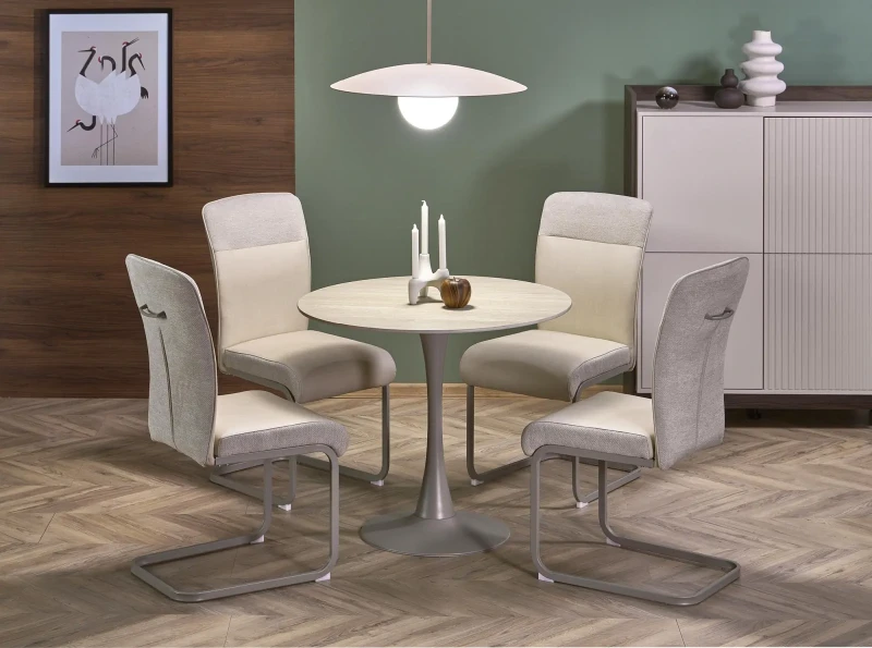 Stół okrągły Tolio tulipan na jednej nodze do jadalni 90 cm trawertyn/kaszmir