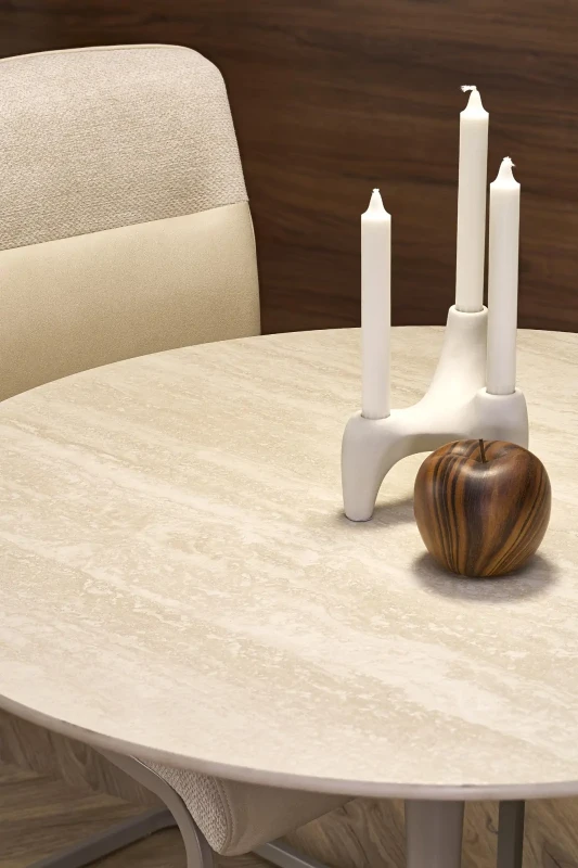 Stół okrągły Tolio tulipan na jednej nodze do jadalni 90 cm trawertyn/kaszmir