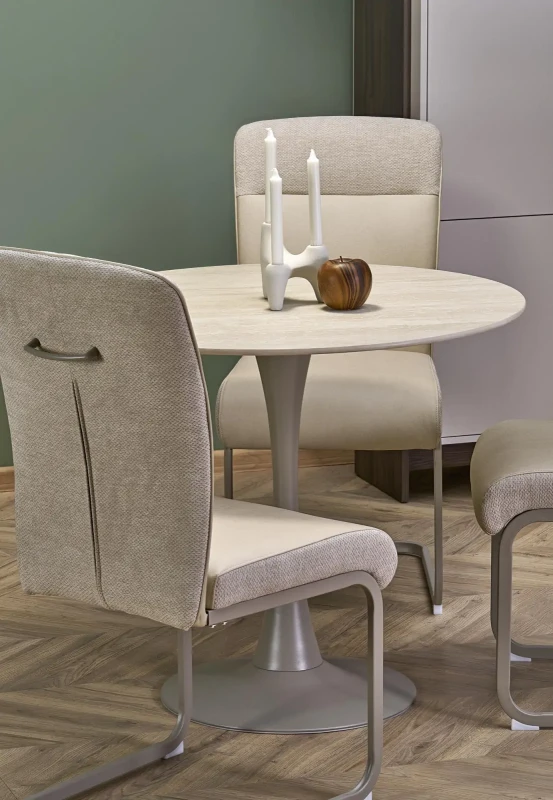 Stół okrągły Tolio tulipan na jednej nodze do jadalni 90 cm trawertyn/kaszmir