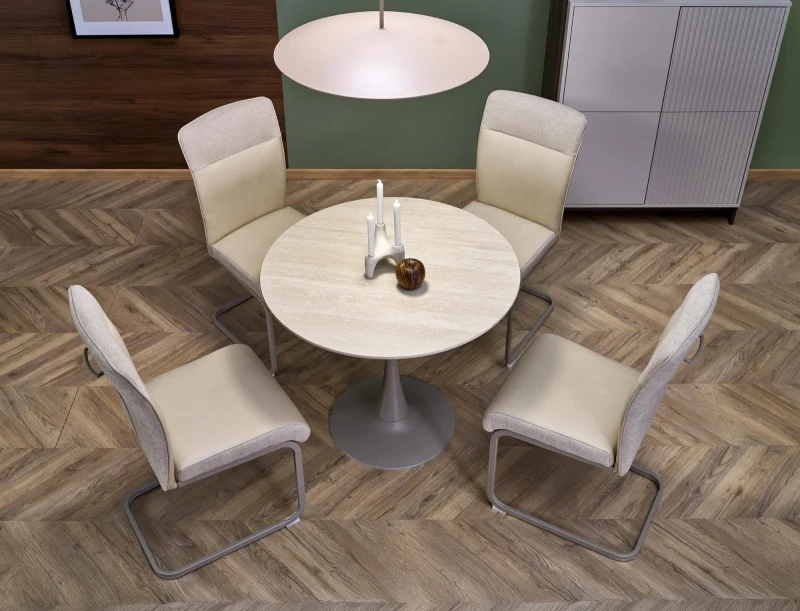 Stół okrągły Tolio tulipan na jednej nodze do jadalni 90 cm trawertyn/kaszmir