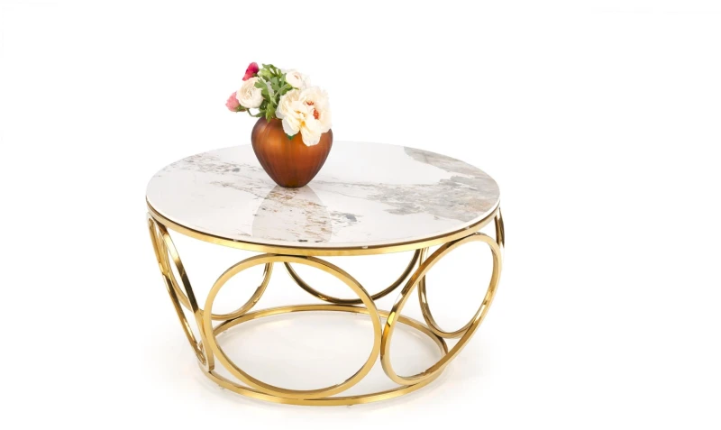 Stolik kawowy Venus 2 ława nowoczesna do salonu 80 cm biały marmur/złoty