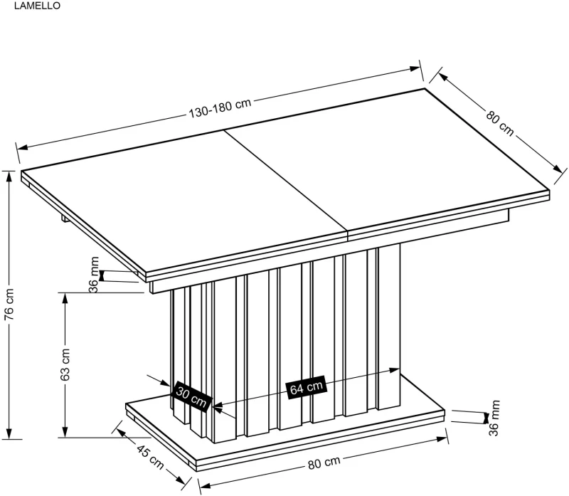 Stół rozkładany Lamello 130-180 cm dąb artisan / czarny - wymiary