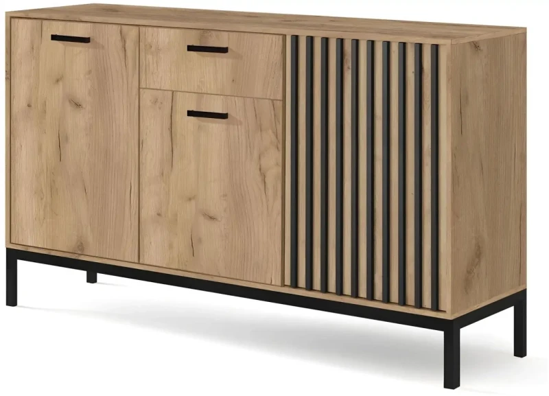 Komoda Lamino KM-1 z lamelami i metalowymi nogami dąb craft/czarny