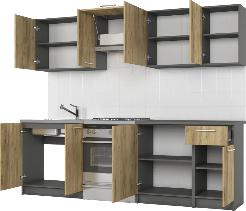 Zestaw mebli kuchennych Daria 240 cm antracyt / dąb craft