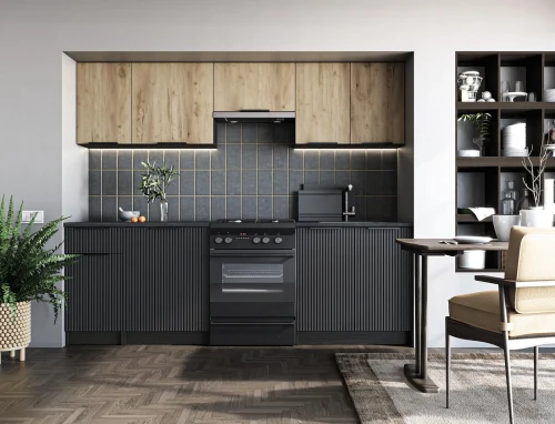 Zestaw mebli kuchennych Emma 240 cm nowoczesny z blatem 28 mm dąb artisan/czarny