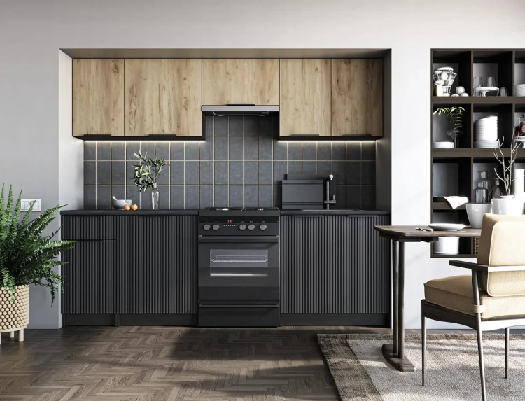 Zestaw mebli kuchennych Emma 240 cm nowoczesny z blatem 28 mm dąb artisan/czarny