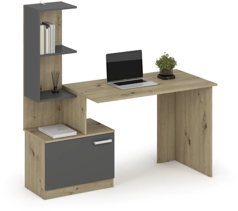 Biurko Miso z regałem i szafką do pokoju młodzieżowego 144 cm grafitowy/dąb artisan