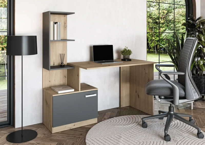 Biurko Miso z regałem i szafką do pokoju młodzieżowego 144 cm grafitowy/dąb artisan