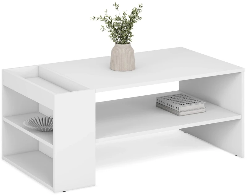 Stolik kawowy Murcia funkcjonalny prostokątny z półkami do salonu 100 cm biały