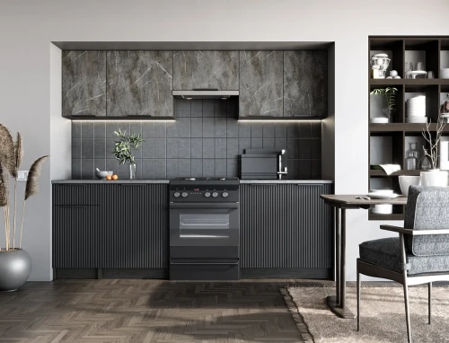 Zestaw mebli kuchennych Tamara 240 cm nowoczesny z blatem 28 mm popielaty marmur/czarny