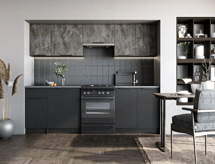 Zestaw mebli kuchennych Tamara 240 cm nowoczesny z blatem 28 mm popielaty marmur/czarny