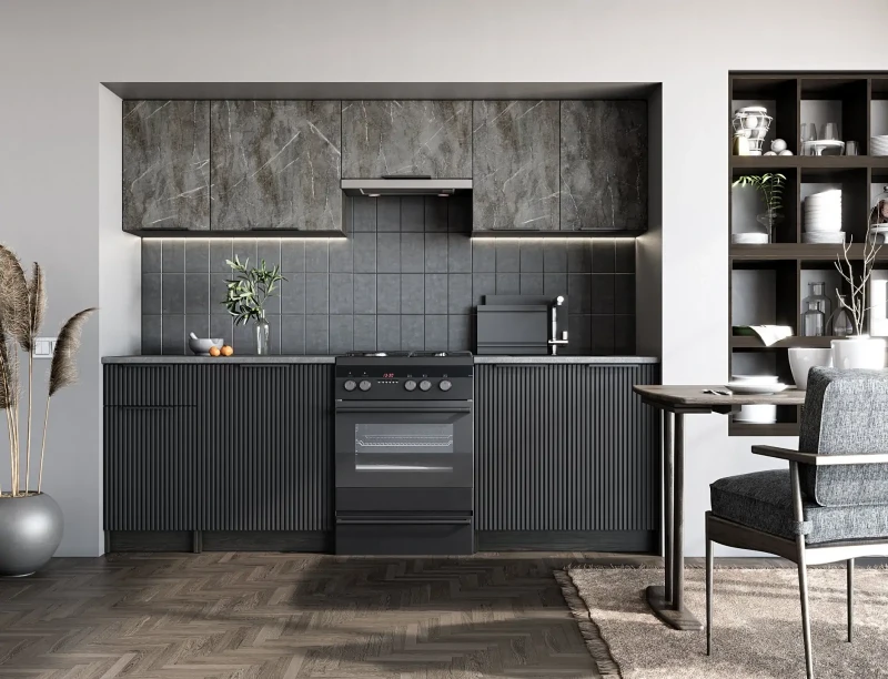Zestaw mebli kuchennych Tamara 240 cm nowoczesny z blatem 28 mm popielaty marmur/czarny