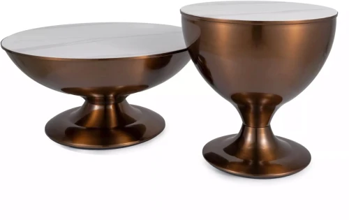 Zestaw stolików kawowych Salsa okrągłe do salonu biały efekt marmuru/miedziany