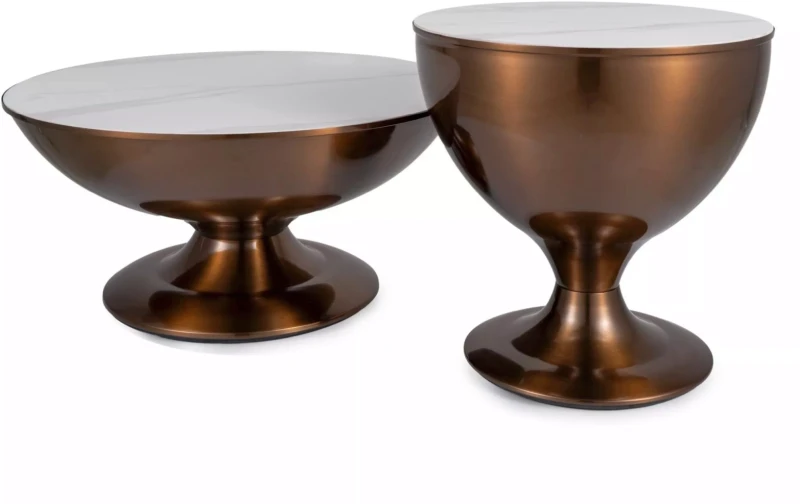 Zestaw stolików kawowych Salsa okrągłe do salonu biały efekt marmuru/miedziany