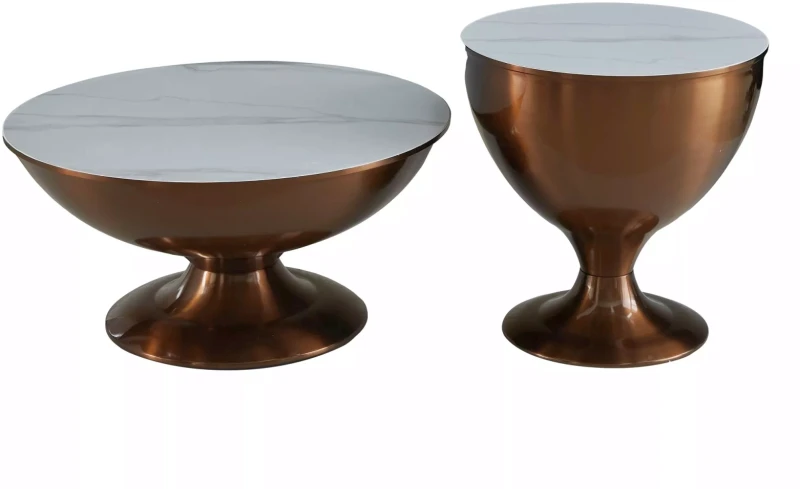 Zestaw stolików kawowych Salsa okrągłe do salonu biały efekt marmuru/miedziany