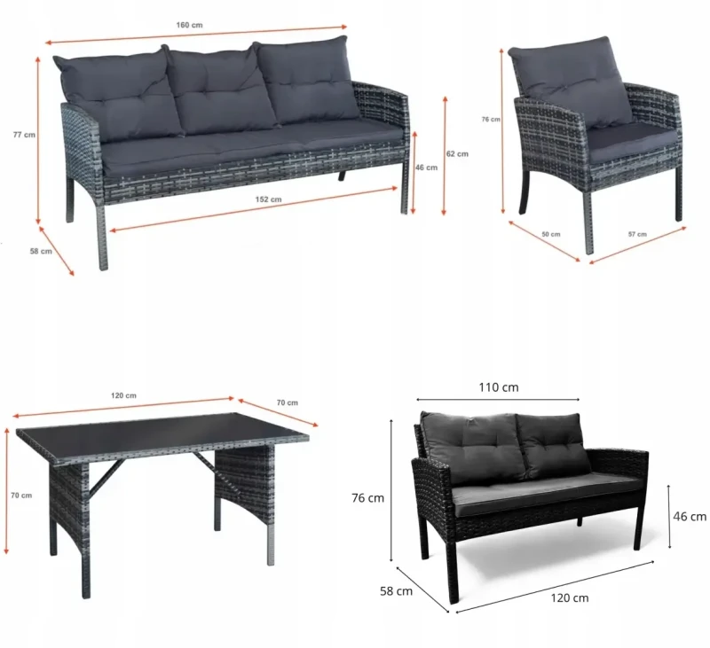 Zestaw mebli ogrodowych z technorattanu Puertorico - wymiary