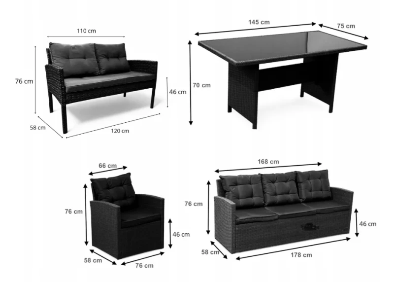 Zestaw mebli ogrodowych z technorattanu Rattana - wymiary
